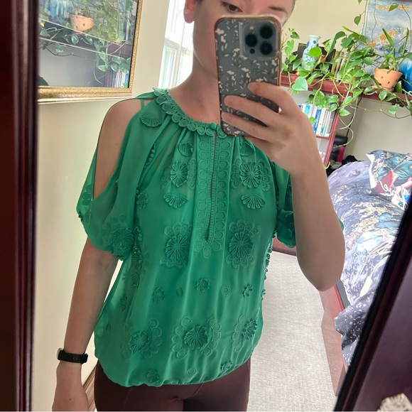 Anthropologie Leifnotes Teal Turquoise Green blouse top floral flowers - Picture 2 of 11